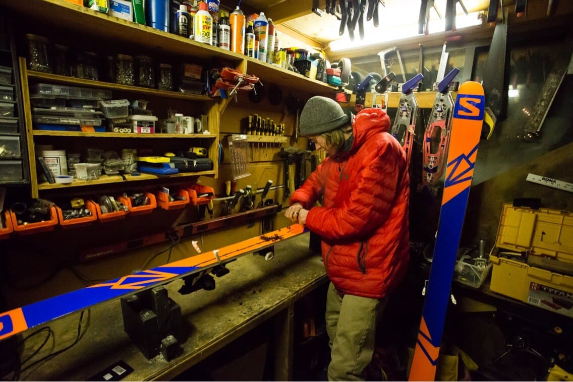 Kieran Nikula servicing his ski's 